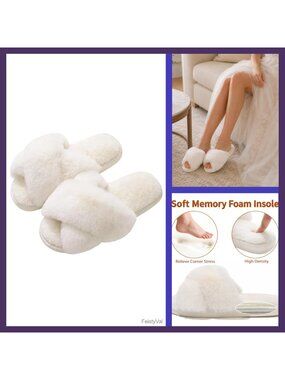 Memory Foam Faux Fur Crisscross Slippers Open Toe House Shoes